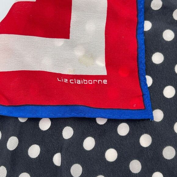 Vintage LIZ CLAIBORNE Silk Scarf Red Pink Blue Polka Dot Stripes Crest Square - Picture 6 of 11